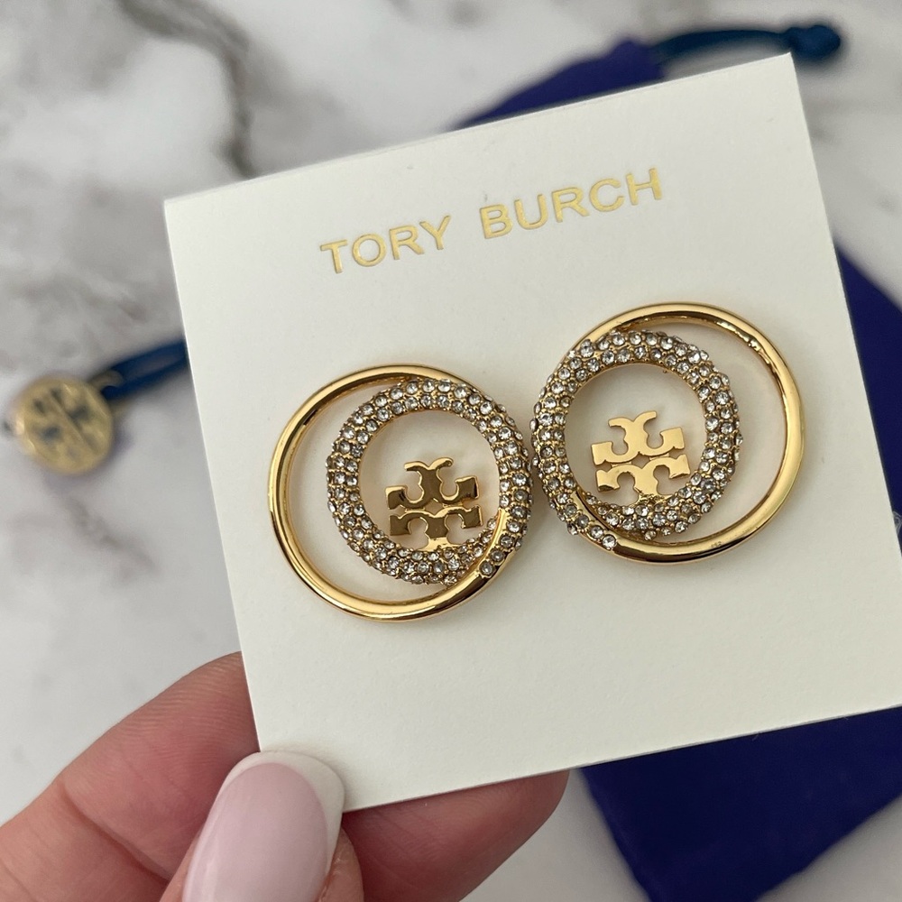 $175 New Authentic Tory Burch Gold Crystal Double Circle Logo Earrings Stones